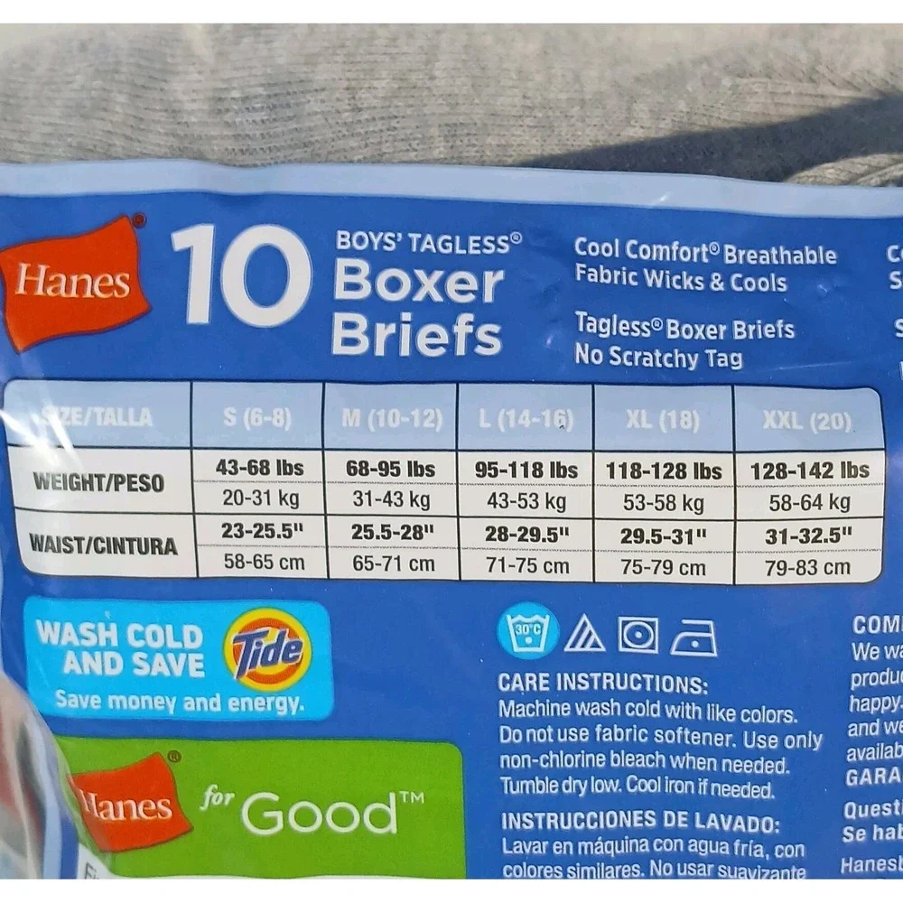 Hanes Large Boys Underwear Boxer Briefs Tagless Cool‎ Comfort Flex 10 Pack